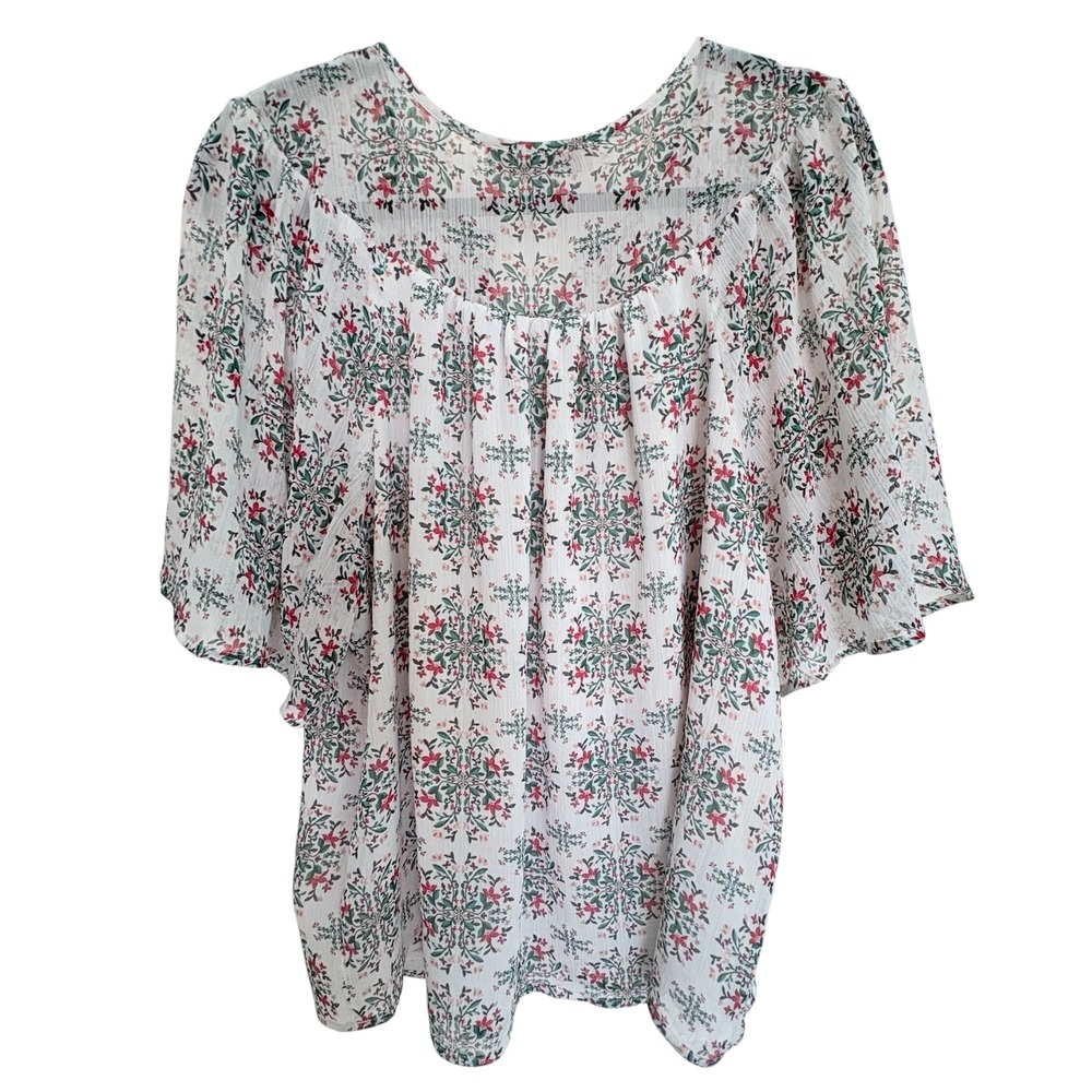 LOFT Floral Medallion Blouse Womens Large White Multi Flutter Sleeve